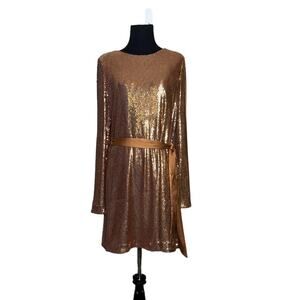 Ramy Brook Hallie Copper Gold Sequin Long Sleeves Belted Mini Dress size S